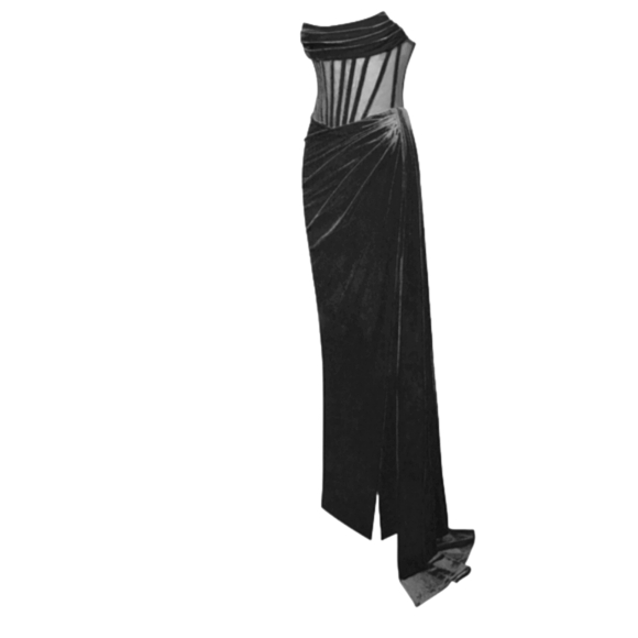 Black Corset High Slit Velvet Gown Sexy Winter Dress Women's Formal - Picture 9 of 16